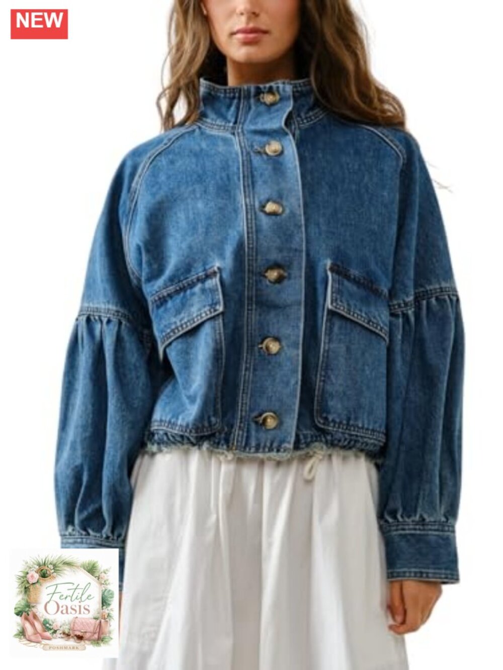 Womens Denim Bomber Jacket Balloon Sleeve Twill Coat Drawstring Waist with